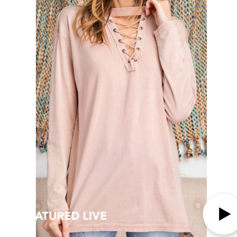 EASEL Dusty Pink Lace Up Long Sleeve Top